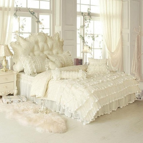 Aaliyah Beige Triple Layered Ruffled Cotton Lace Bedding Set