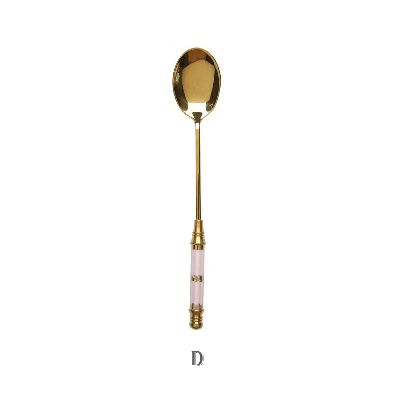 Stainless Steel Dessert Spoon- Ceramic Long Handle Gold Teaspoon