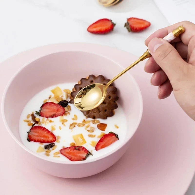 Stainless Steel Dessert Spoon- Ceramic Long Handle Gold Teaspoon