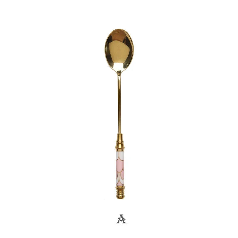 Stainless Steel Dessert Spoon- Ceramic Long Handle Gold Teaspoon