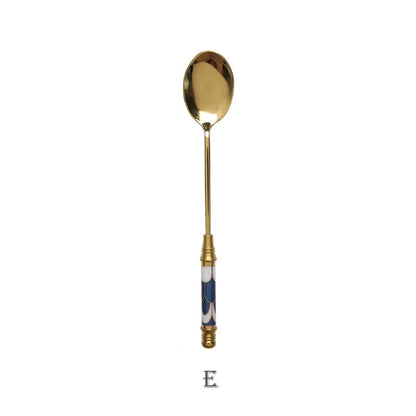 Stainless Steel Dessert Spoon- Ceramic Long Handle Gold Teaspoon