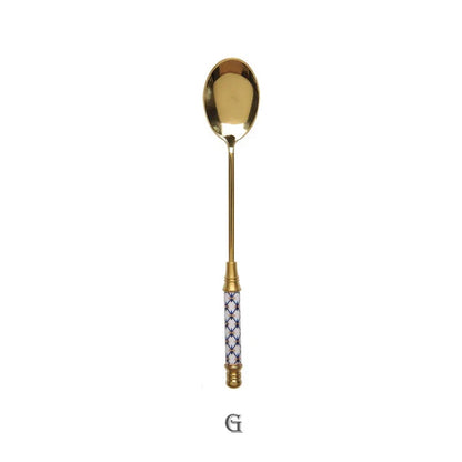 Stainless Steel Dessert Spoon- Ceramic Long Handle Gold Teaspoon
