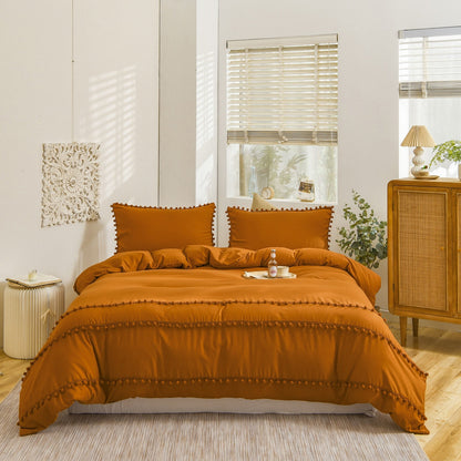 Ensemble de housse de couette à pompons orange brûlé