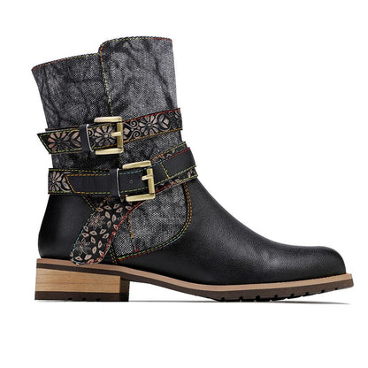 Schwarze Stiefeletten mit Blumenmuster im Boho-Stil