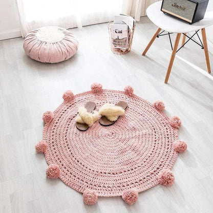 Hand Knitted Round Pompom Mat Rugs