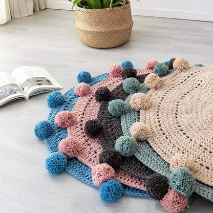 Hand Knitted Round Pompom Mat Rugs