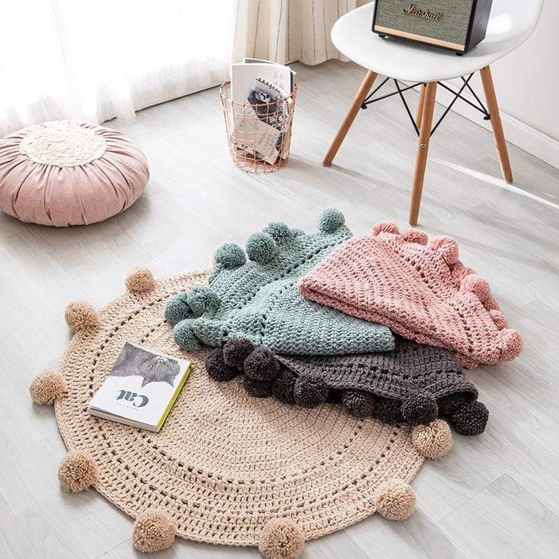 Hand Knitted Round Pompom Mat Rugs