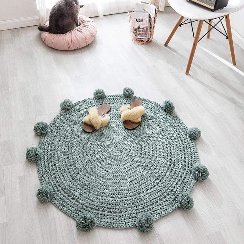 Hand Knitted Round Pompom Mat Rugs