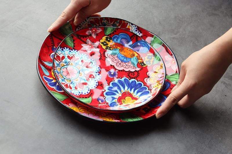 Hand-painted Red Floral Plates And Bowls Plates