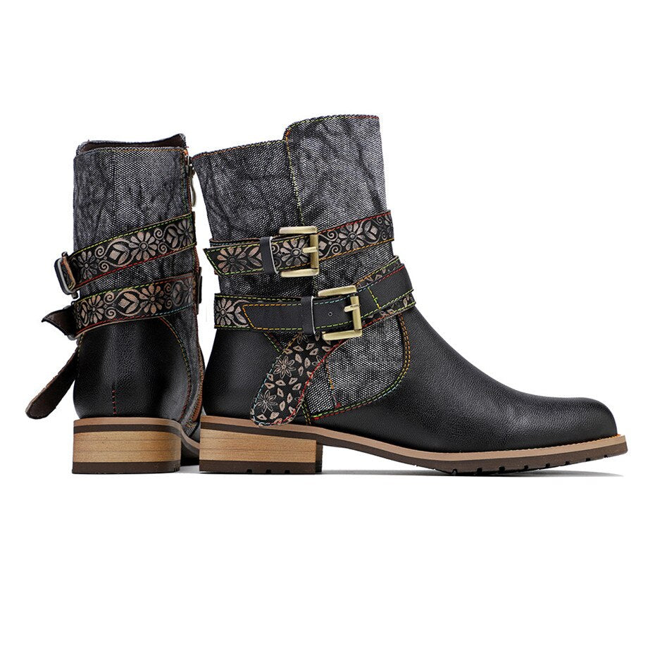 Botins Boho Florais Pretos