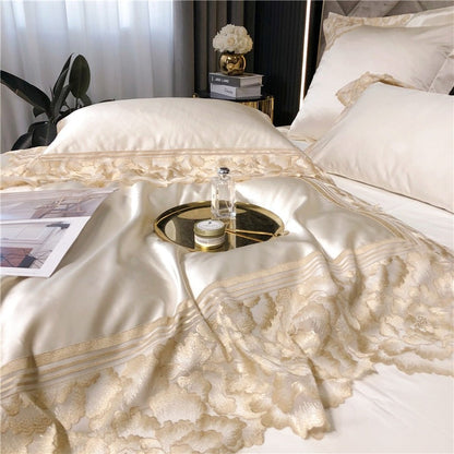 Joanna Scalloped Lace Edge Satin Egyptian Cotton Bedding Set