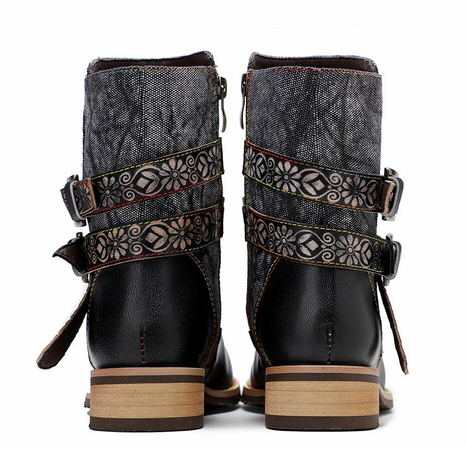 Botins Boho Florais Pretos