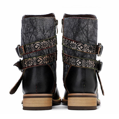 Black Boho Floral Ankle Boots