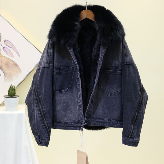 Denim Removable Fur Collar Jacket