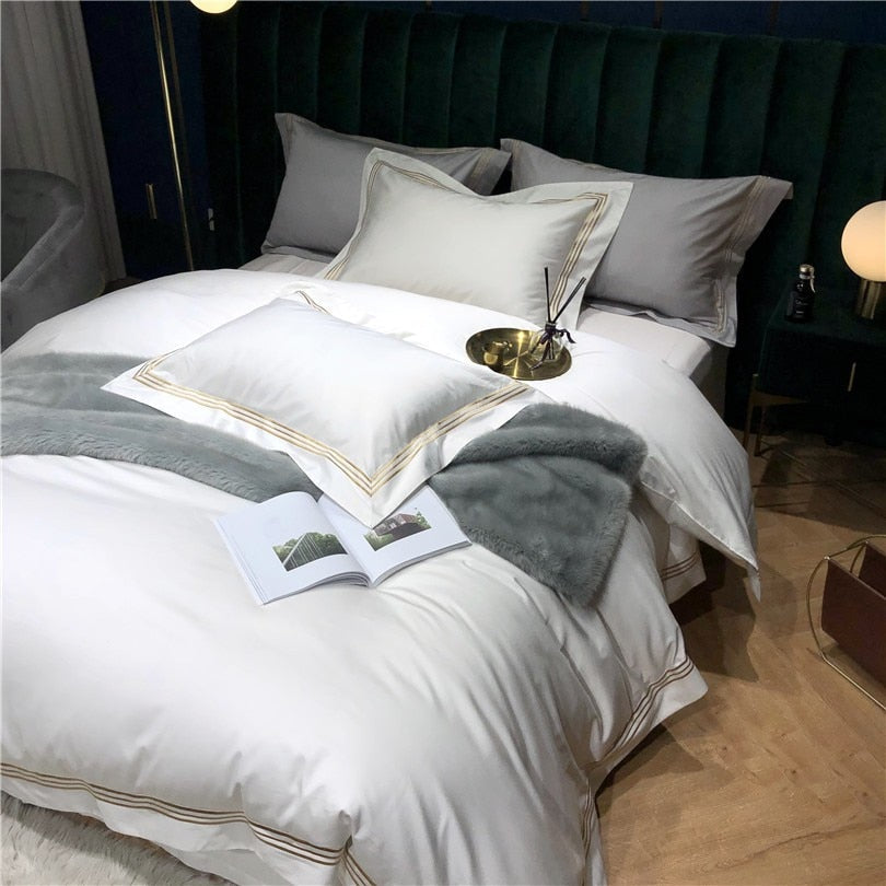 Victoria Embroidered Lined Border Egyptian Cotton Bedding Set