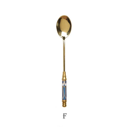 Stainless Steel Dessert Spoon- Ceramic Long Handle Gold Teaspoon