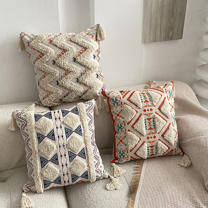 Housse de coussin à pompons touffeté Boho