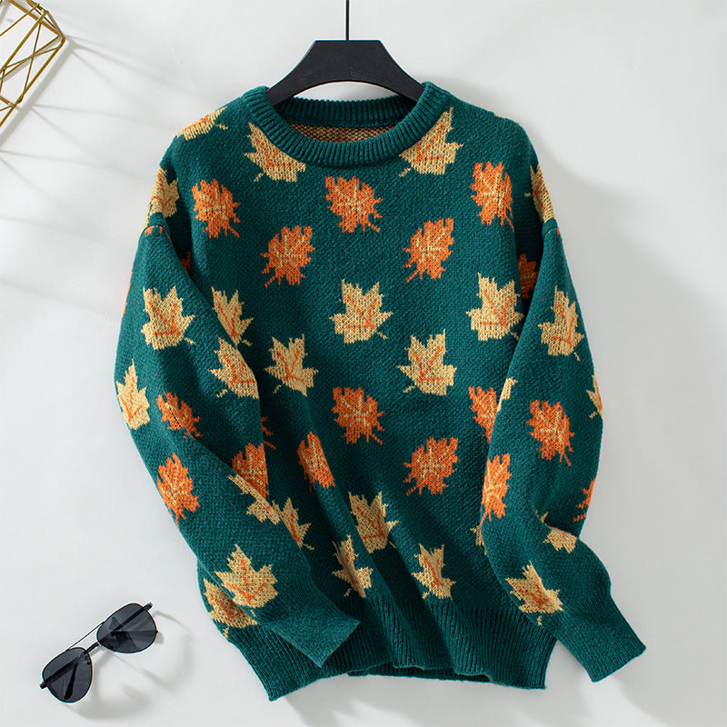 Pull tricoté à motif de feuille d'érable d'automne