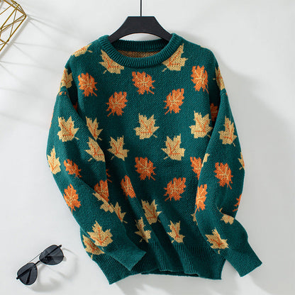 Pull tricoté à motif de feuille d'érable d'automne