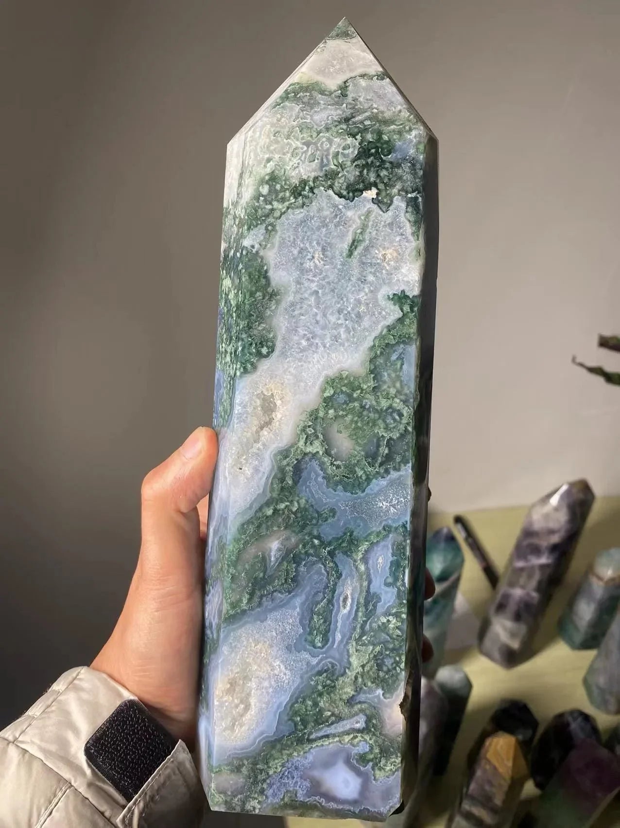 Large Moss Agate Crystal Tower