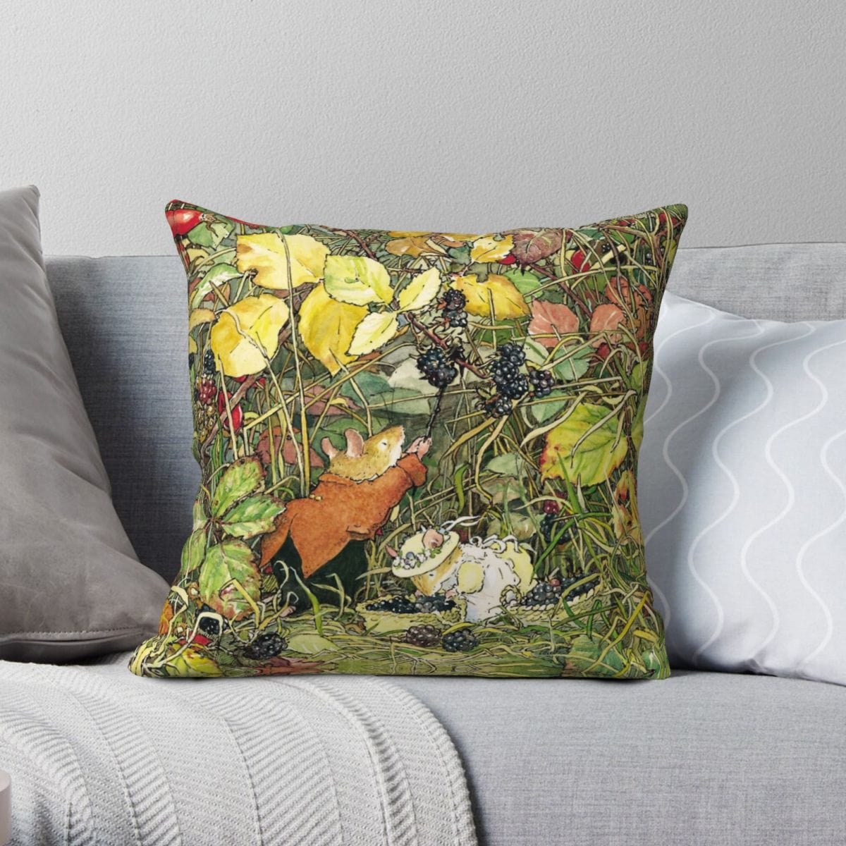 Mouse Blackberry Picking Cushion Cover