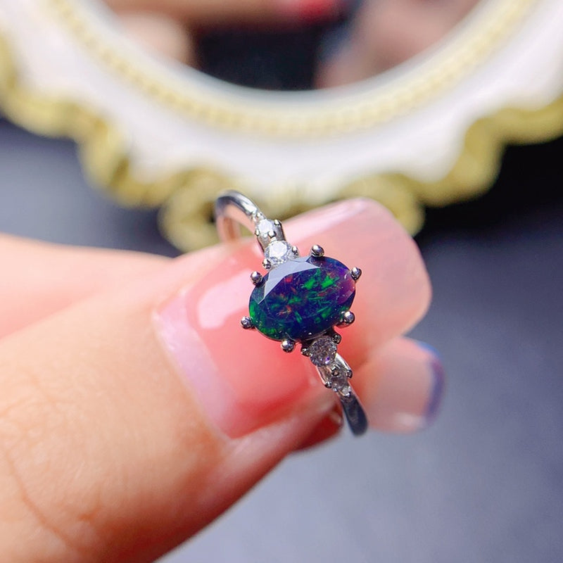 925 Sterling Silver Australia Black Opal Ring