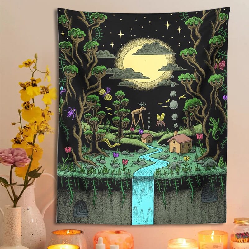 Mystic Night Forest Tapestry