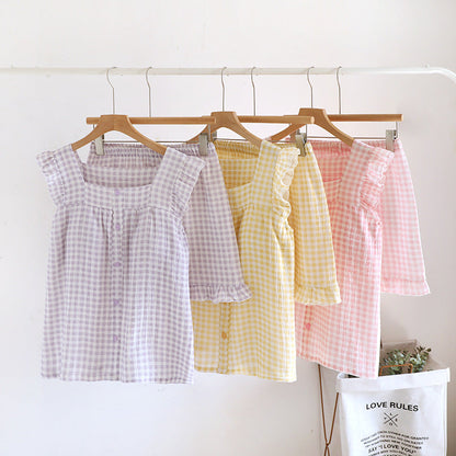 Ruffle Sleeve Gingham Cotton Pajama Set