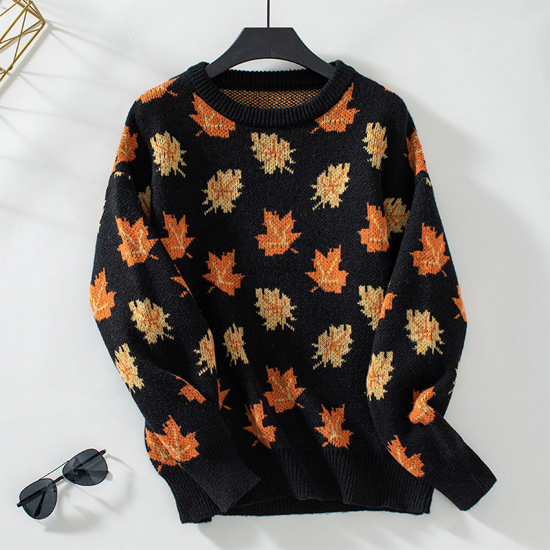 Pull tricoté à motif de feuille d'érable d'automne