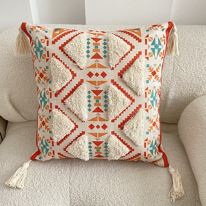 Housse de coussin à pompons touffeté Boho