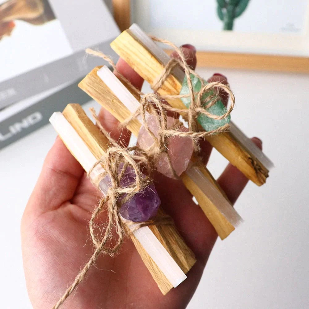 Palo Santo With Crystal Stone And Selenite Rope Binding Set crystal stones Crystals