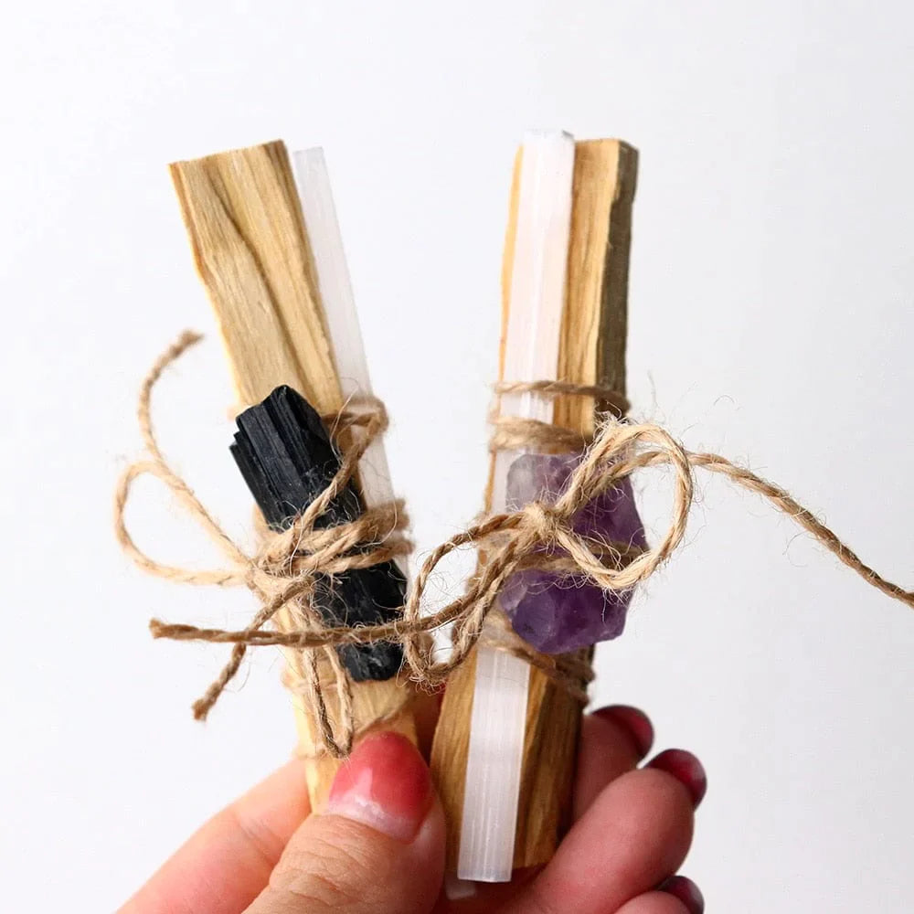 Palo Santo With Crystal Stone And Selenite Rope Binding Set crystal stones Crystals