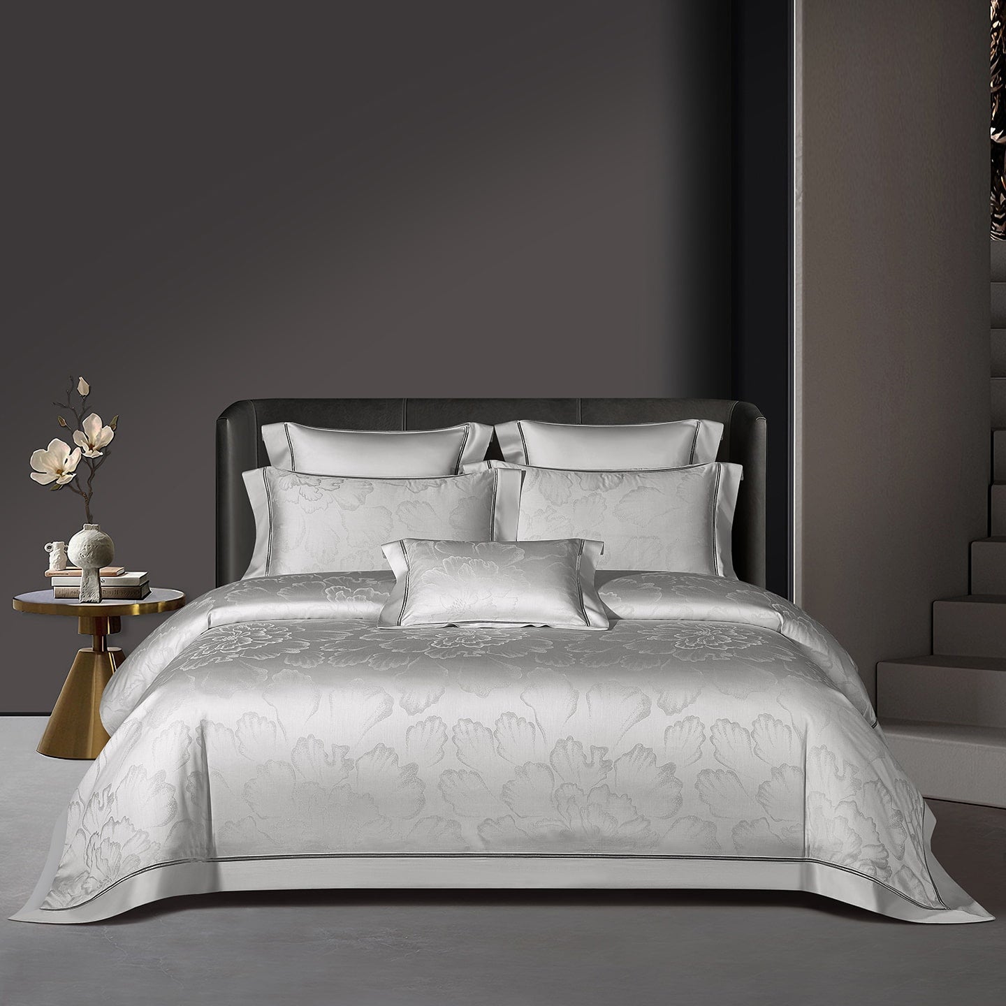 Valmont Pearl Silver Floral Jacquard Tencel Bedding Set allsheets Bedding Bedding set botanical California King size bedding Color_White Cotton Cover Double Duvet King size bedding Material_Tencel Queen size bedding Set Silky Size_California King Size_Double Size_King Size_Queen Size_Super King Size_USA King Size_USA Queen style superking Thread Count_800TC us USA King size bedding USAQUEEN