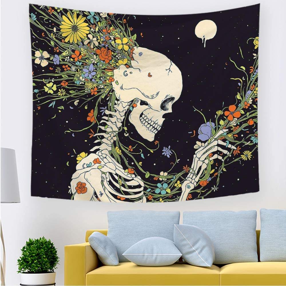 Psychedelic Gothic Flower Skull Tapestry