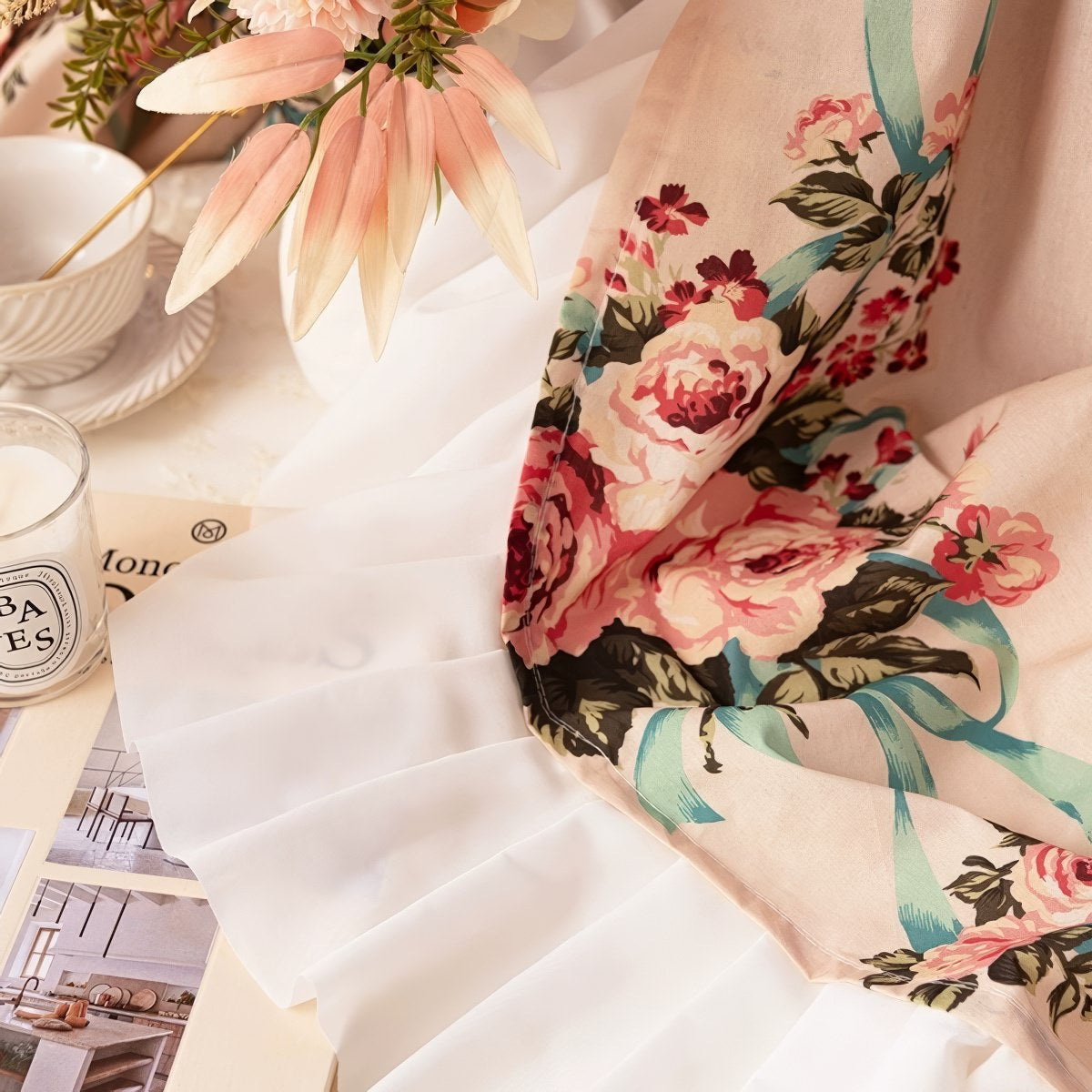 Rose Bouquet Ruffle-Trimmed Floral Curtain