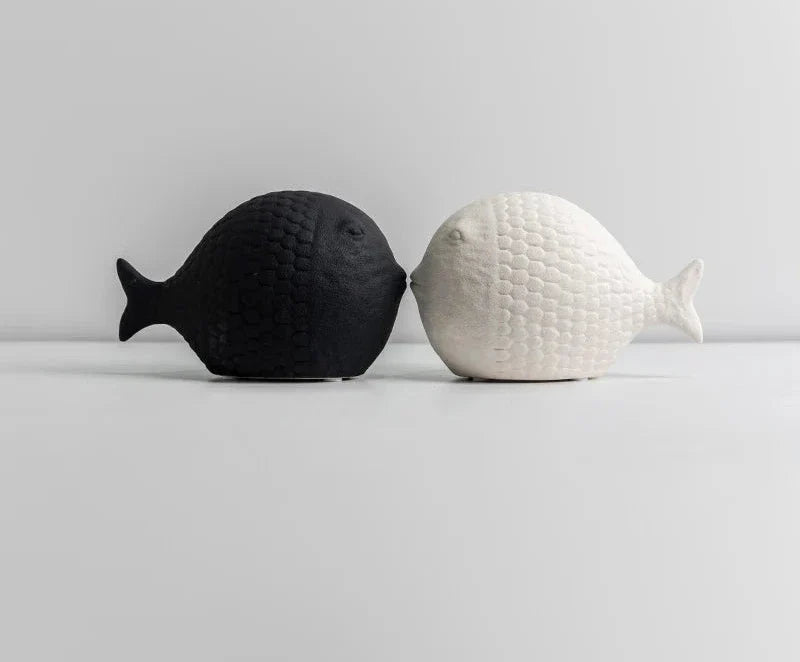 Black and White Ceramic Fish Sculpture Set