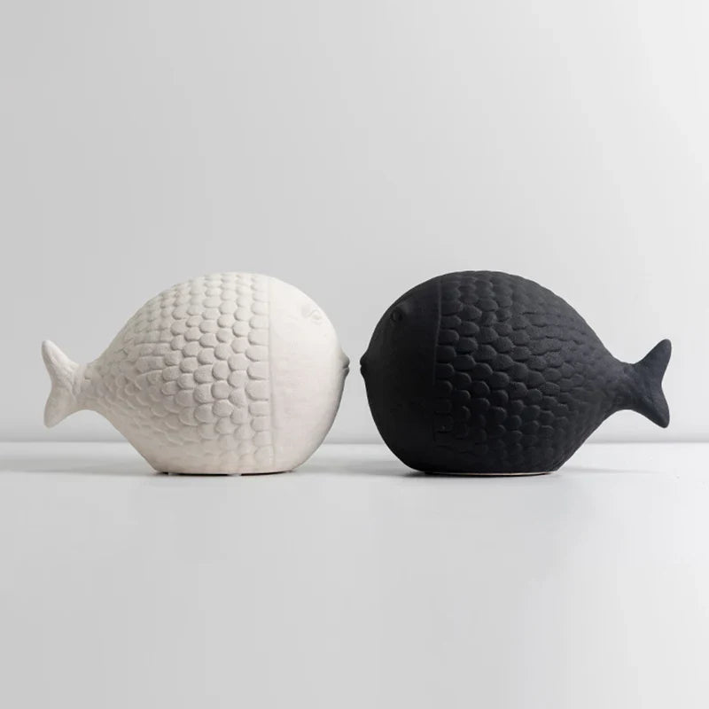 Black and White Ceramic Fish Sculpture Set