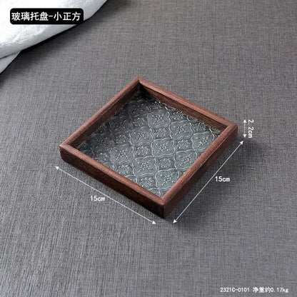 Japan-Style Wood & Embossed Glass Serving Tray