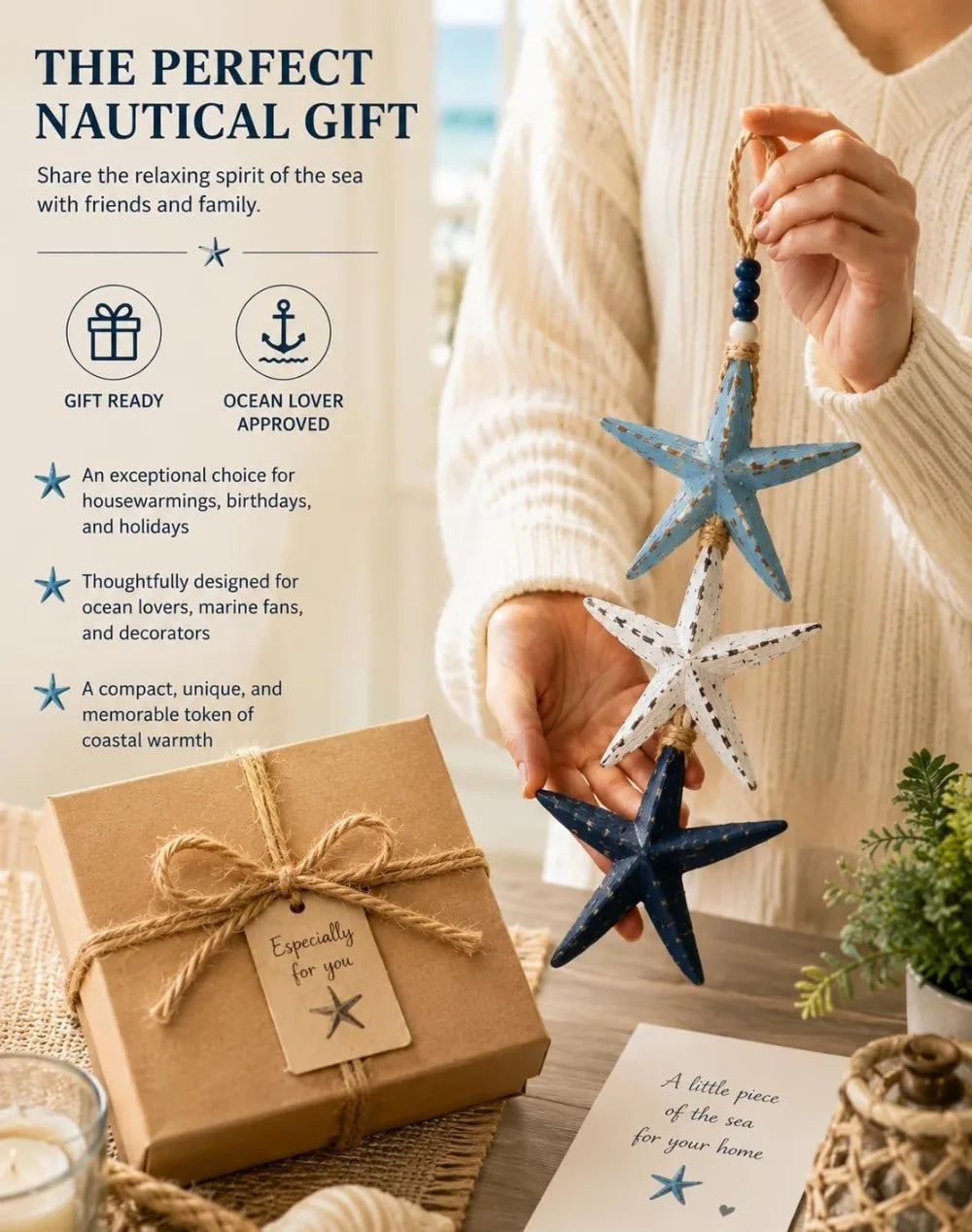 Coastal Wooden Fish and Starfish LED Hanging Ornament