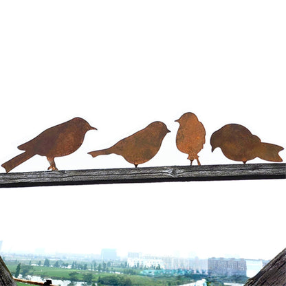 4-teiliges Vogel-Set aus rostigem Metall für Zaundekoration