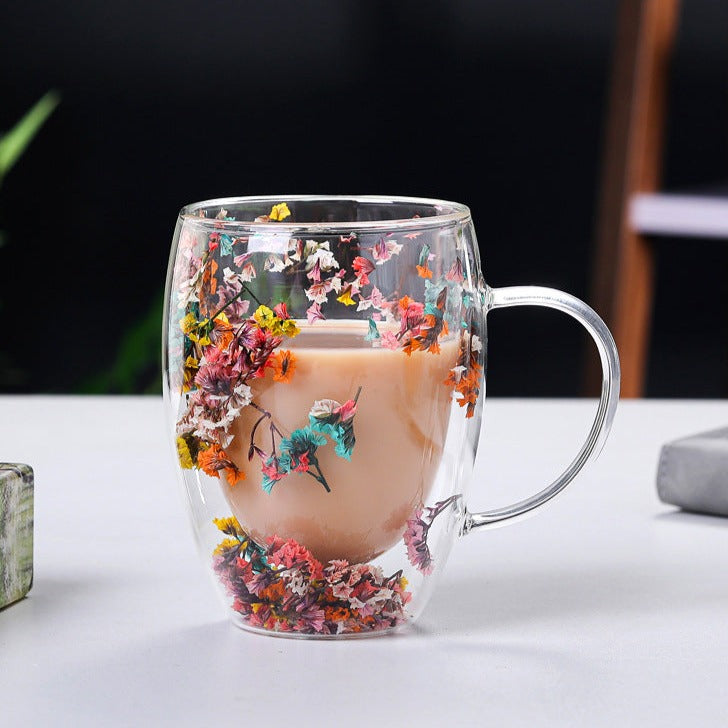 Double Wall Dry Flowers Glass Mug