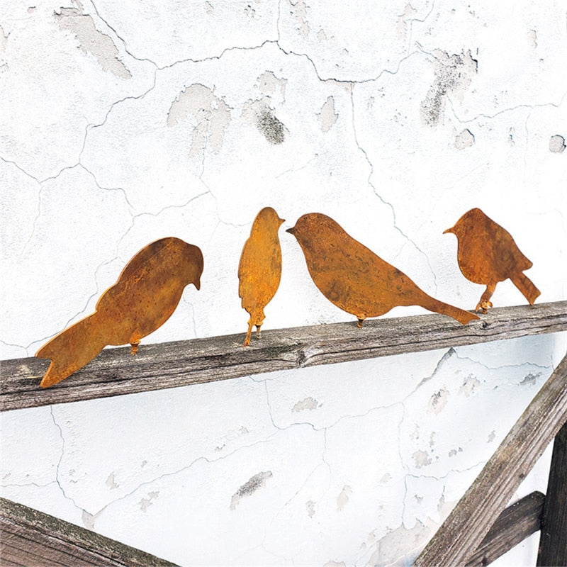 Ensemble d'oiseaux en métal rouillé, 4 pièces, décor de clôture