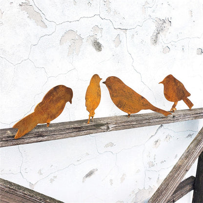 Decoración de valla con juego de pájaros de metal oxidado de 4 piezas