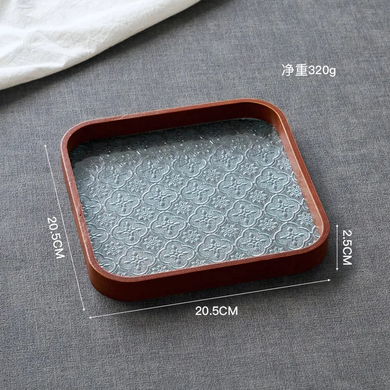 Japan-Style Wood & Embossed Glass Serving Tray