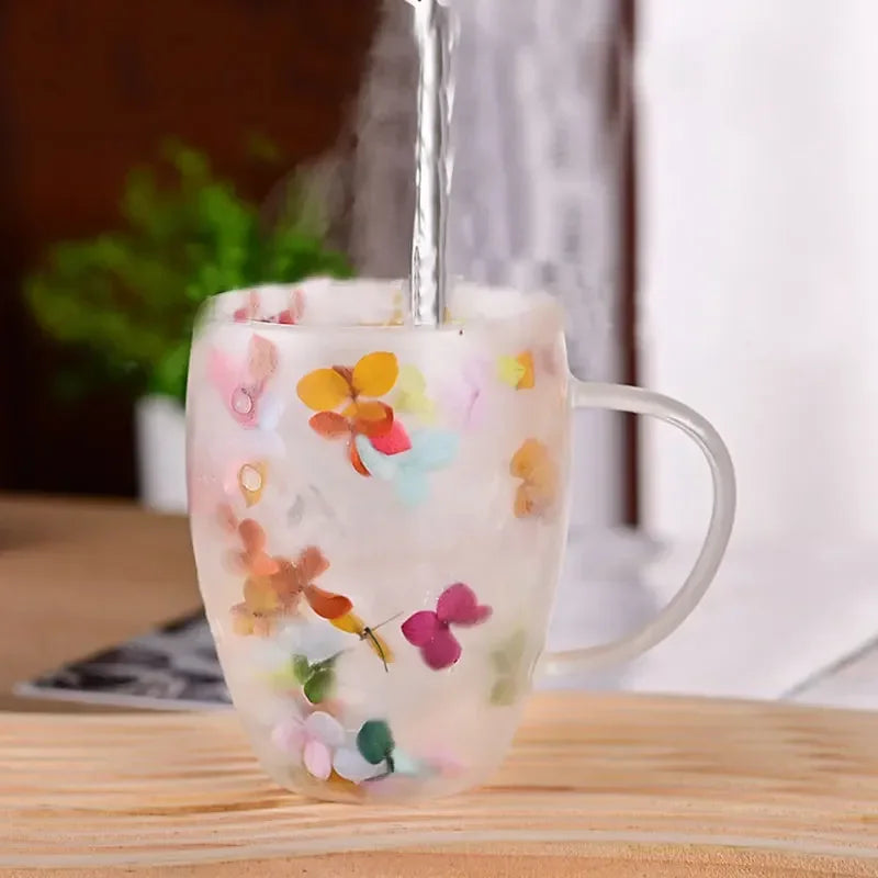 Colorful Dried Flower Double Wall Glass Mug