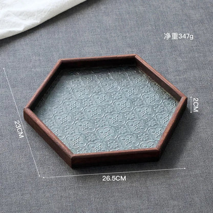 Japan-Style Wood & Embossed Glass Serving Tray
