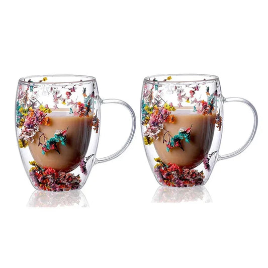 2 unidades de caneca de vidro de parede dupla com flores secas