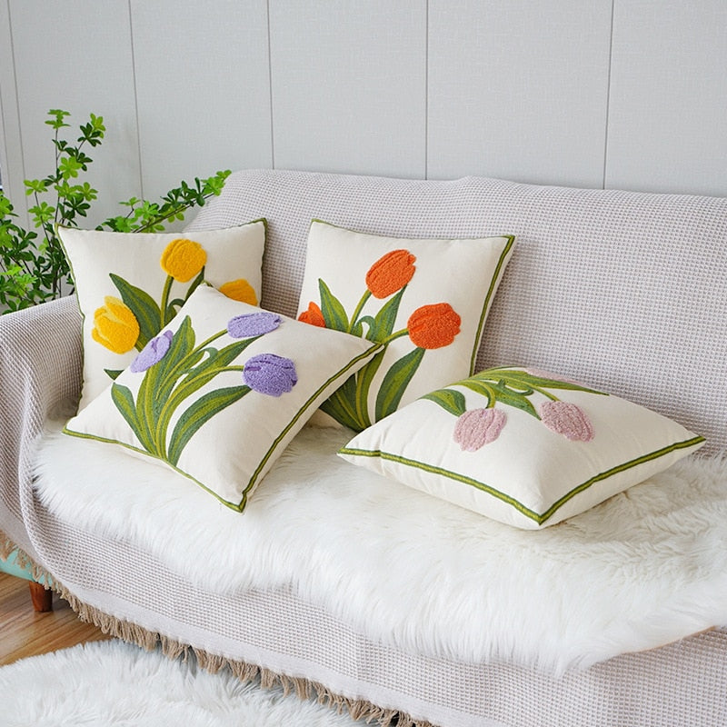 Embordered Tulips Pillow Cover