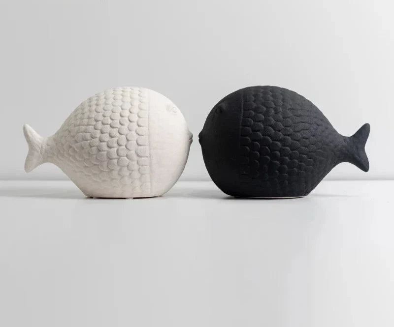 Black and White Ceramic Fish Sculpture Set