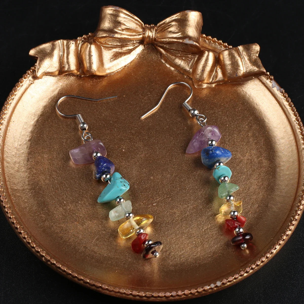 Boucles d'oreilles pendantes en pierre de cristal naturel 7 chakras